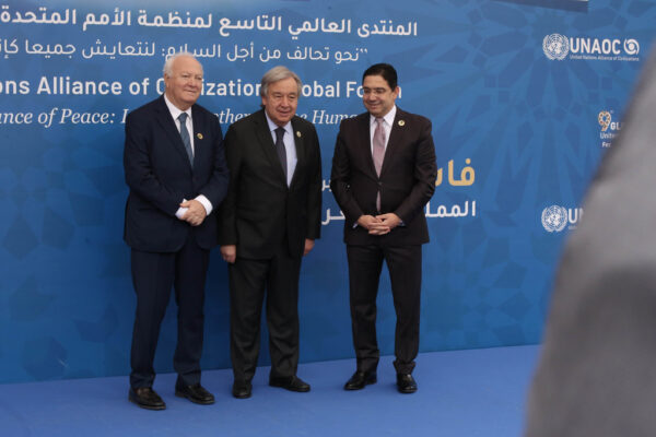 El Secretario General de la ONU, António Guterres (centro), Miguel Ángel Moratinos, alto representante para la Alianza de Civilizaciones de la ONU, y Nasser Bourita, ,ministro de Asuntos Exteriores de Marruecos, durante el Foro Mundial de la Alianza de C…
